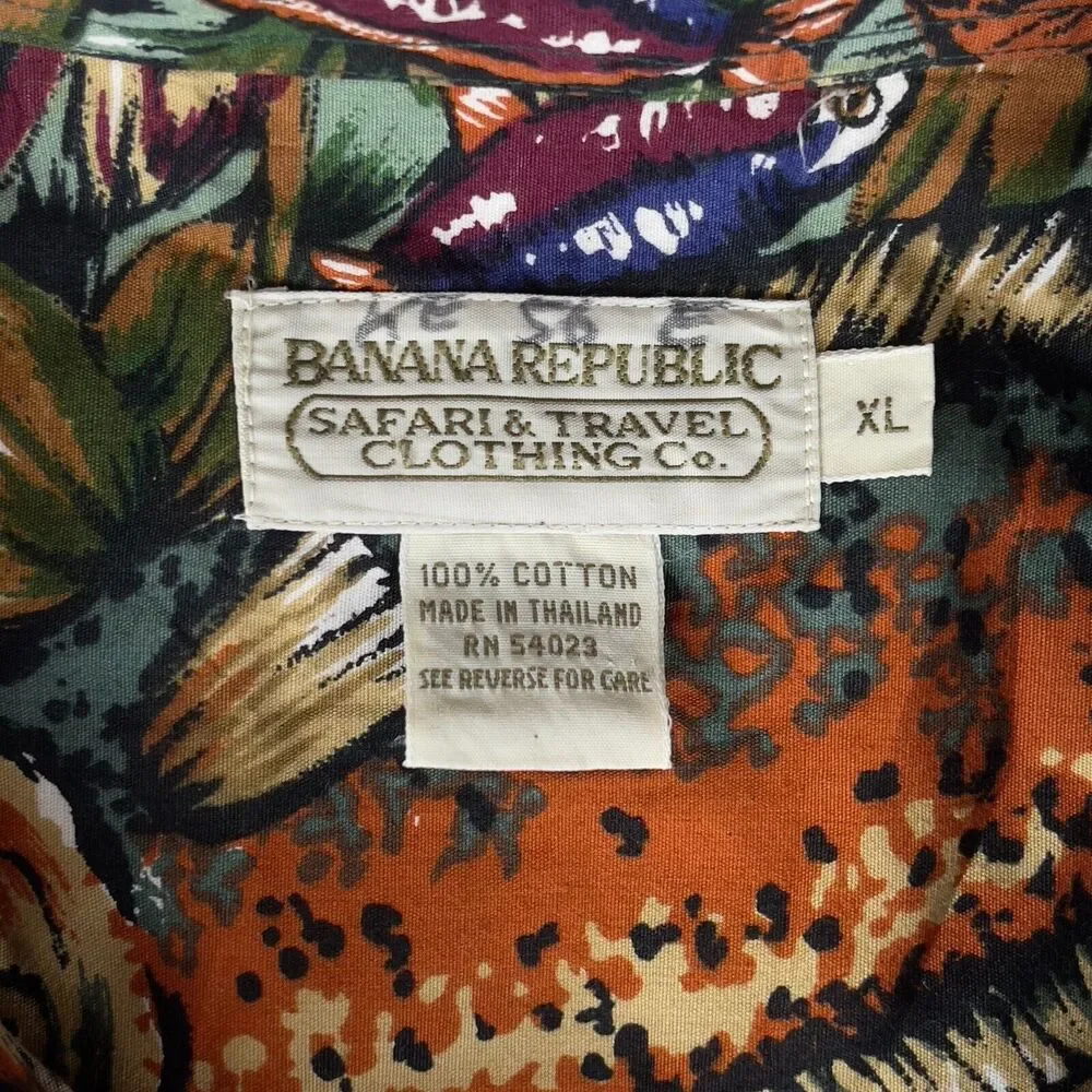 Banana Republic Safari Shirt Men XL Green All Over Fish Print Casual Button Down